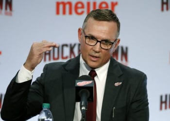 FILE - In this April 19, 2019, file photo, Steve Yzerman answers a question during an NHL hockey news conference where he was introduced as the new executive vice president and general manager of the Detroit Red Wings, in Detroit. The Detroit Red Wings desperately hope to win the NHL draft lottery, giving them the first shot to perhaps select Canadian winger Alexis Lafreniere. (AP Photo/Carlos Osorio, File)