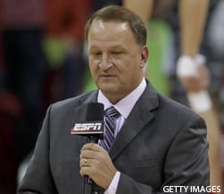MADISON, WI - JANUARY 17: ESPN broadcaster Dan Dakich talks during a media time out with Andy North during an NCAA Basketball game between the Michigan Wolverines and the Wisconsin Badgers at the Kohl Center in Madison, WI on January 17th, 2017. Wisconsin defeats Michigan 68-64. (Photo by Dan Sanger/Icon Sportswire via Getty Images)
