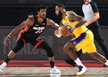 ORLANDO, FL - SEPTEMBER 30: LeBron James #23 of the Los Angeles Lakers drives to the basket against the Miami Heat during Game One of the NBA Finals on September 30, 2020 at AdventHealth Arena in Orlando, Florida. NOTE TO USER: User expressly acknowledges and agrees that, by downloading and/or using this Photograph, user is consenting to the terms and conditions of the Getty Images License Agreement. Mandatory Copyright Notice: Copyright 2020 NBAE (Photo by Andrew D. Bernstein/NBAE via Getty Images)